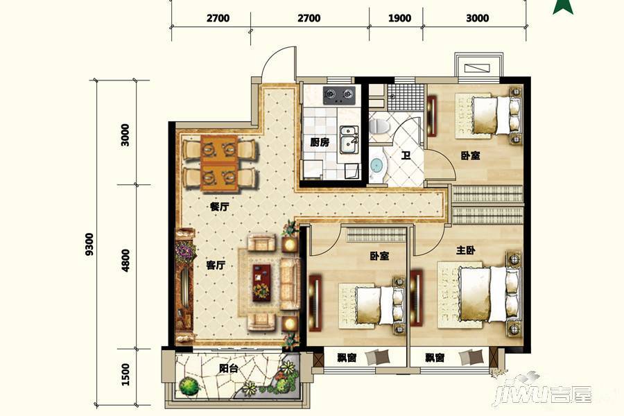 碧桂园凤凰湾3室2厅1卫99㎡户型图