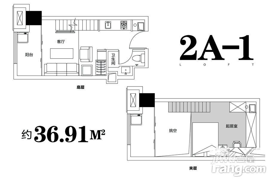 锦荣UI公寓1室1厅1卫36.9㎡户型图