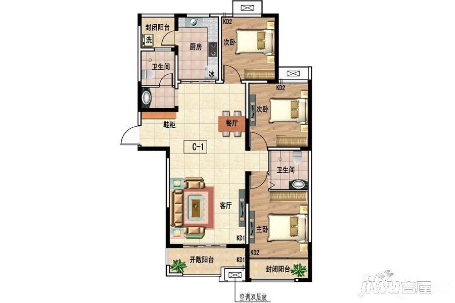 吉地澜花语3室2厅2卫130㎡户型图