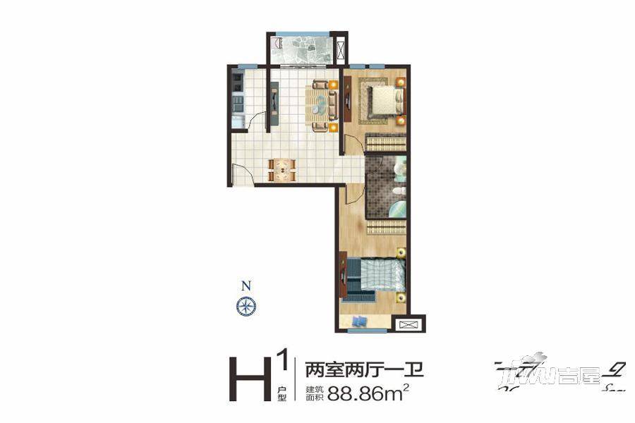 中信广场2室2厅1卫88.9㎡户型图