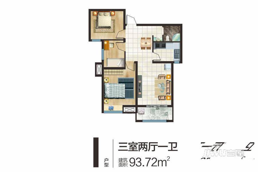 中信广场3室2厅1卫93.7㎡户型图