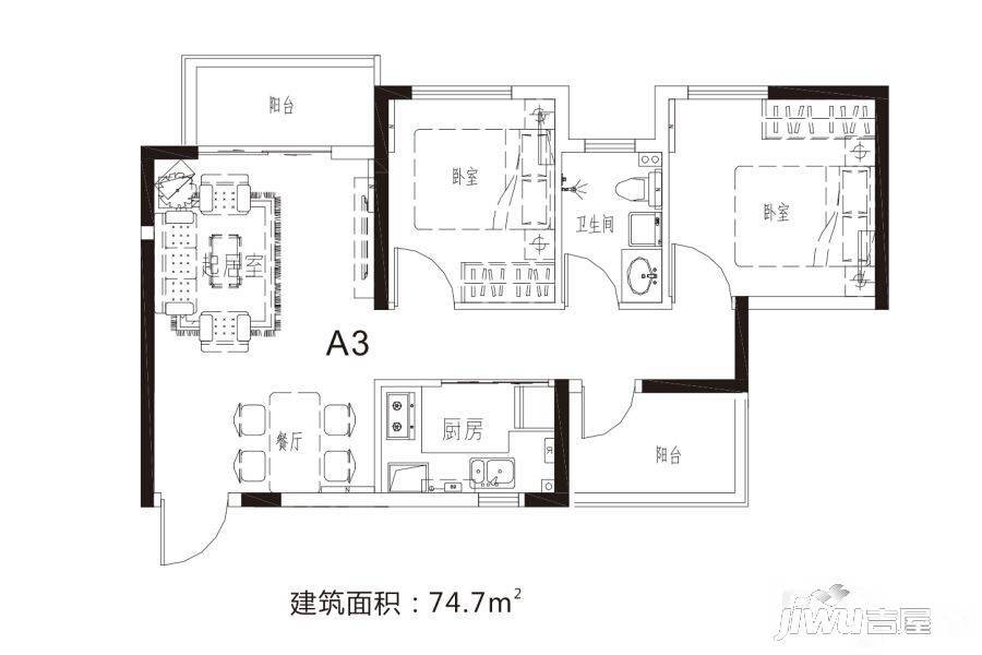 谦祥万华城2室2厅1卫75㎡户型图