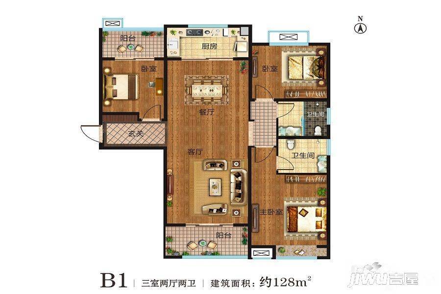 美好香颂3室2厅2卫128㎡户型图