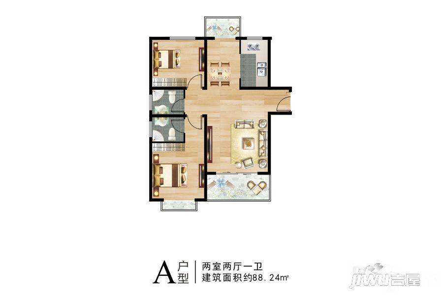 德美皇朝二期2室2厅2卫88.2㎡户型图