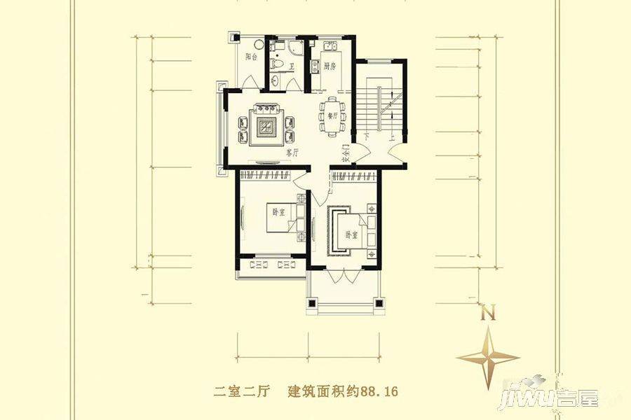 锦绣社区2室2厅1卫88.2㎡户型图