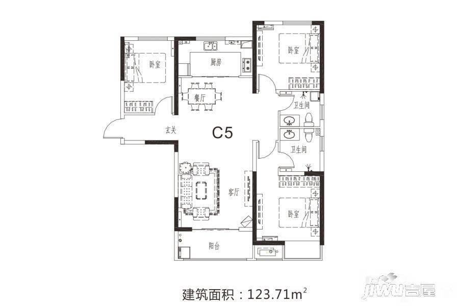 谦祥万华城3室2厅2卫123.7㎡户型图