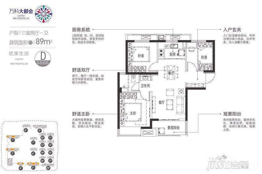 万科大都会都会天际3室2厅1卫89㎡户型图