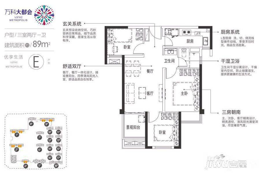 万科大都会都会天际3室2厅1卫89㎡户型图