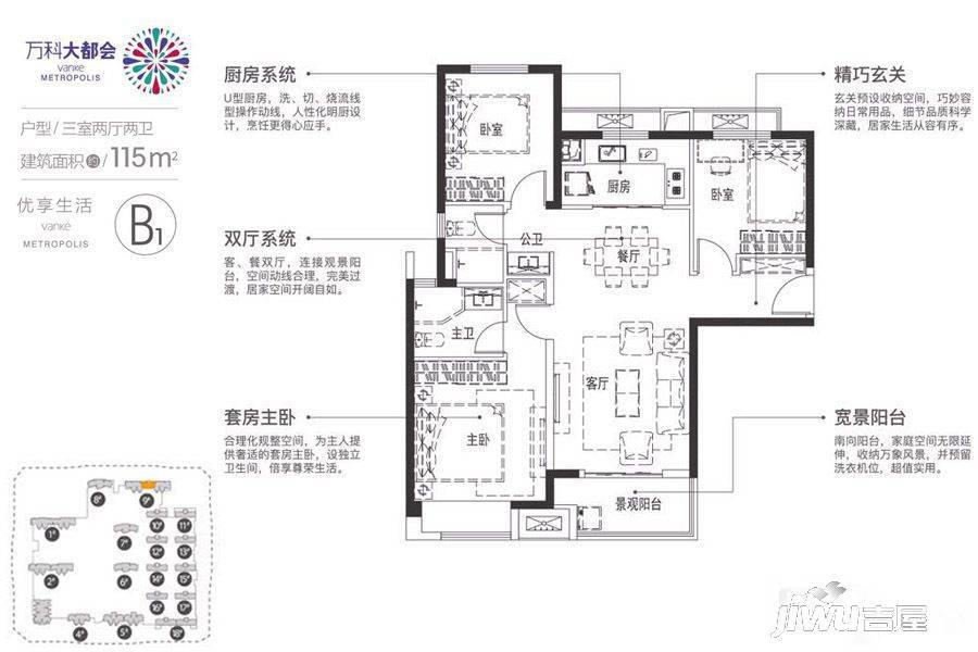 万科大都会都会天际3室2厅2卫115㎡户型图