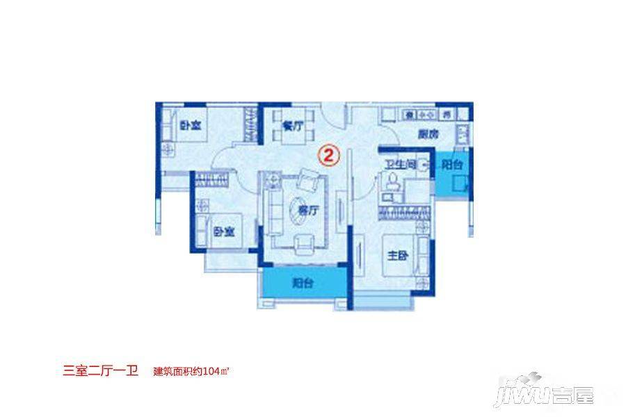 恒大山水城3室2厅1卫104㎡户型图