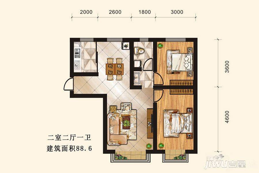 栖水湾2室2厅1卫88.6㎡户型图