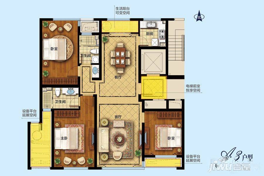 绿城凤湖玫瑰园3室2厅2卫142㎡户型图