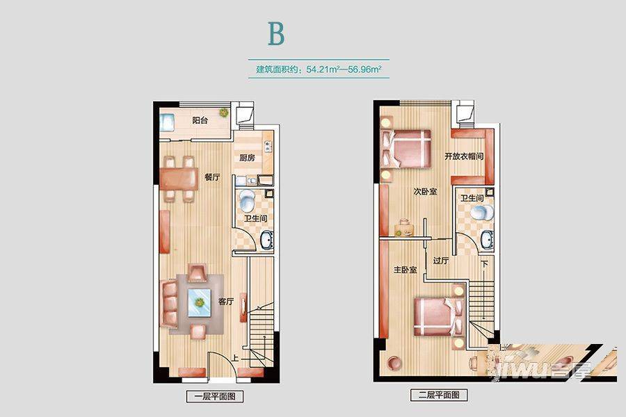 云瓴国际2室2厅2卫55.5㎡户型图