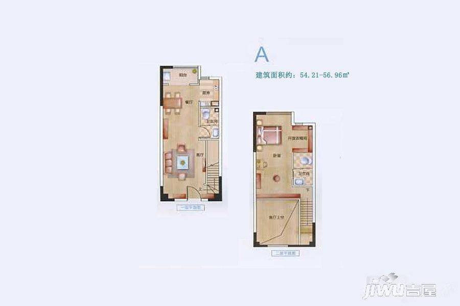 云瓴国际1室2厅2卫55.5㎡户型图