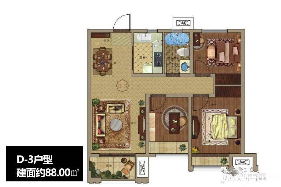 正商家河家3室2厅1卫88㎡户型图