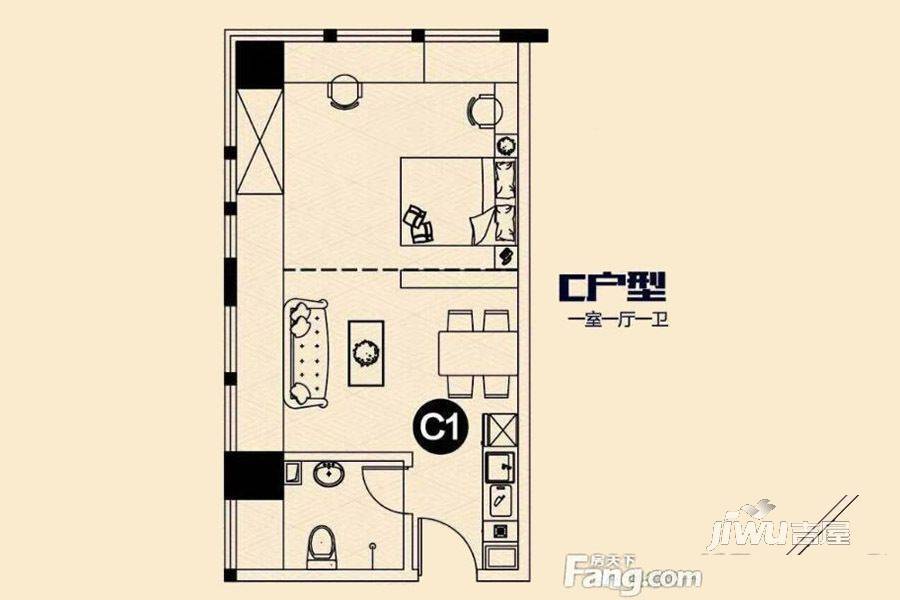 象湖里1室1厅1卫59.7㎡户型图