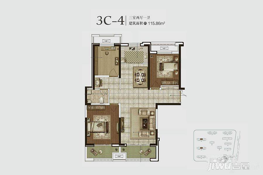 永威城3室2厅1卫115.9㎡户型图