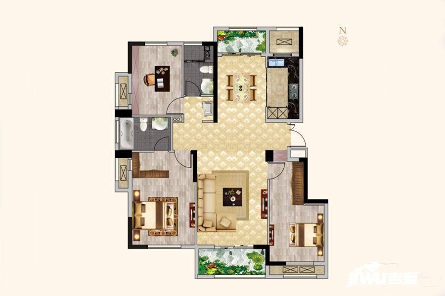 蓝城玫瑰园3室2厅2卫129㎡户型图