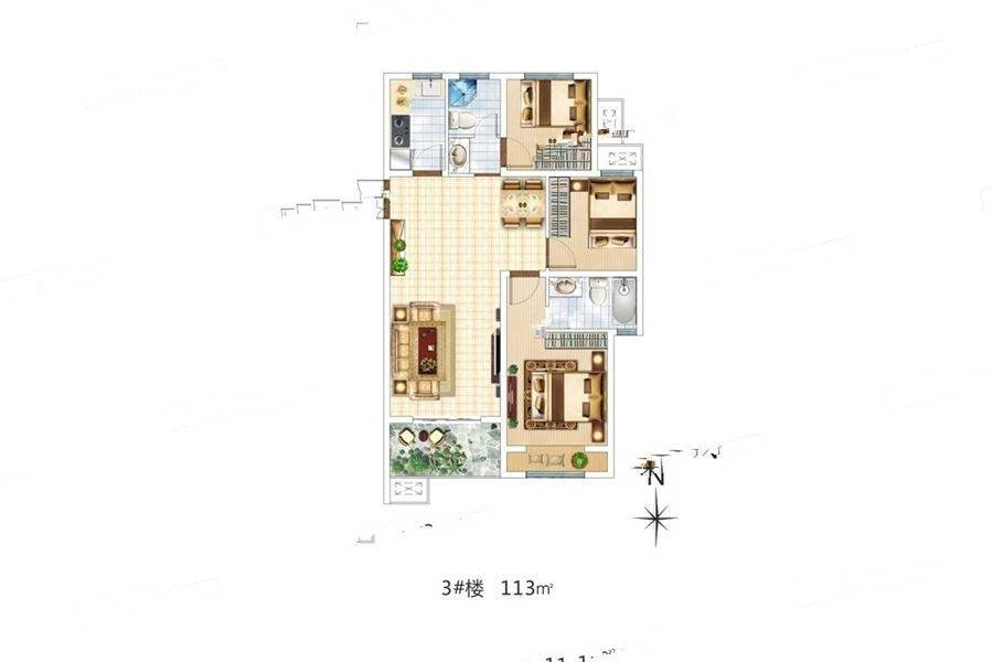 佳田未来新城3室2厅2卫113㎡户型图