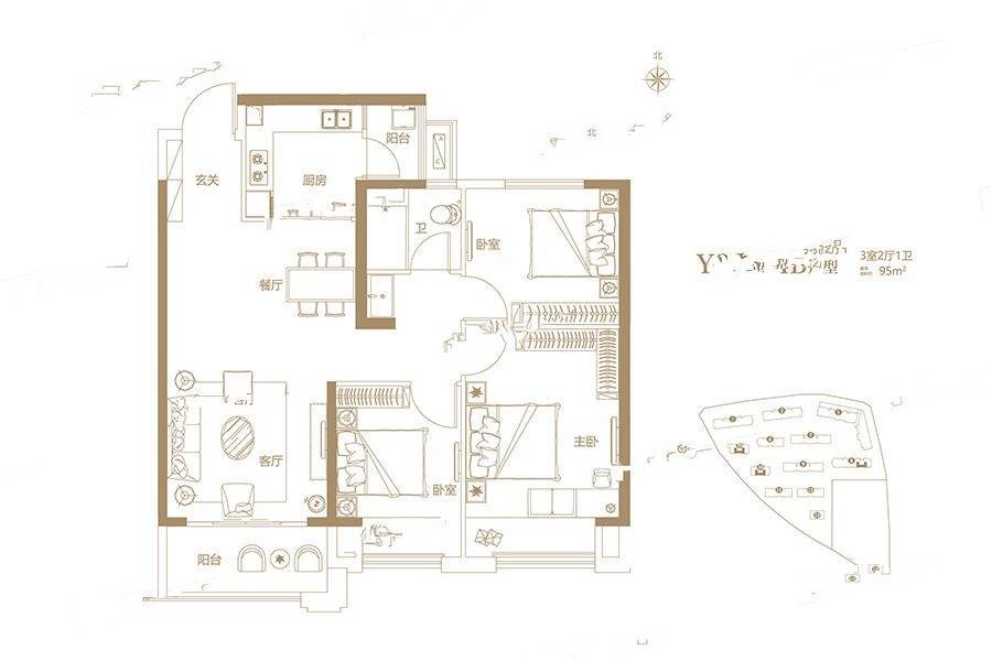 碧桂园天悦3室2厅1卫95㎡户型图