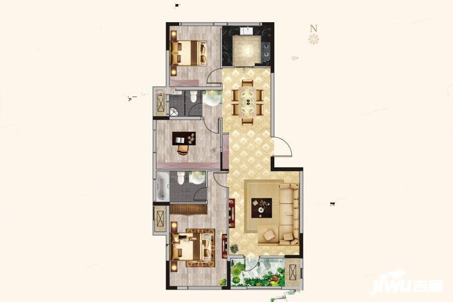 蓝城玫瑰园3室2厅2卫129㎡户型图