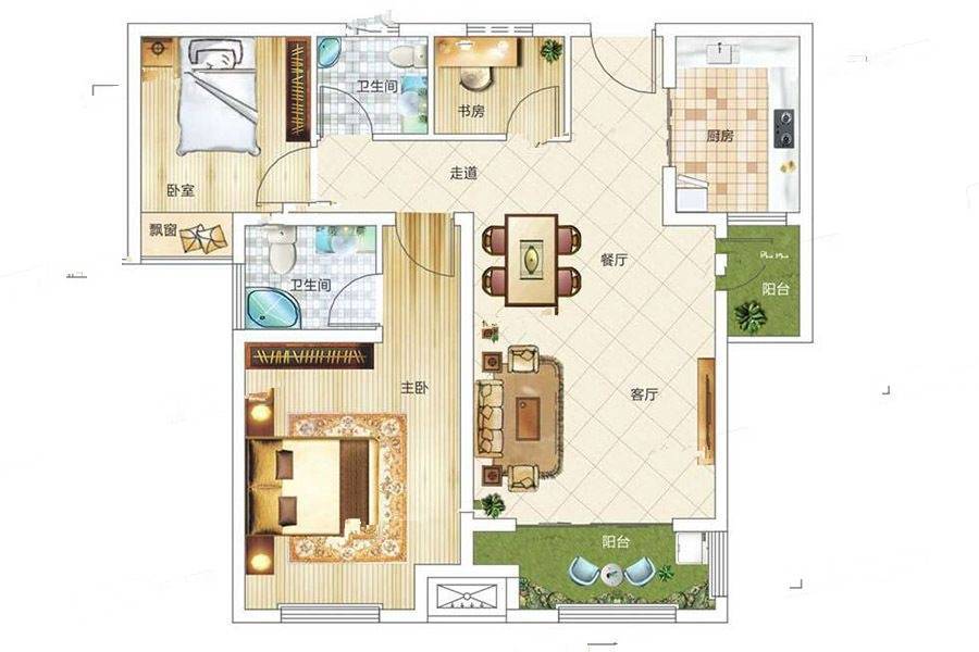 中浩鸿鹄郡3室2厅2卫94.6㎡户型图