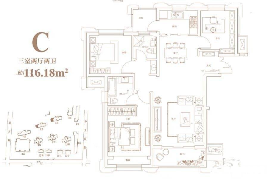 锦艺四季城3室2厅2卫116.2㎡户型图