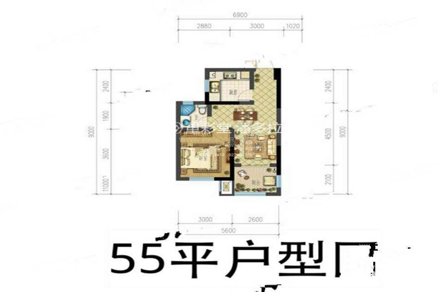 港城花园1室2厅1卫55㎡户型图