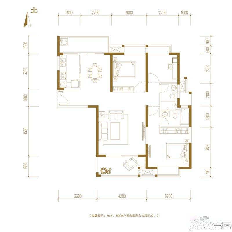 华润橡树湾3室2厅2卫125㎡户型图