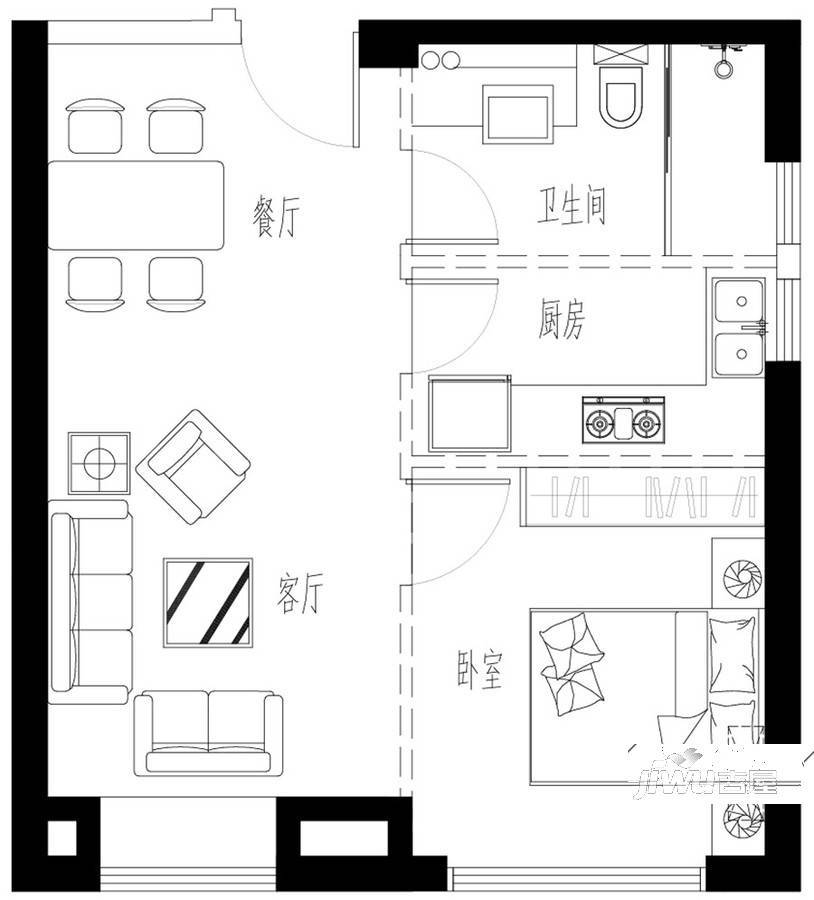 建发领第1室1厅1卫56.6㎡户型图