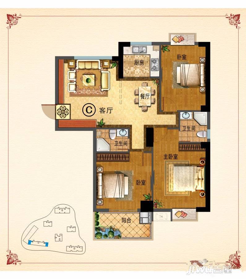 侨城华府3室2厅2卫107.2㎡户型图