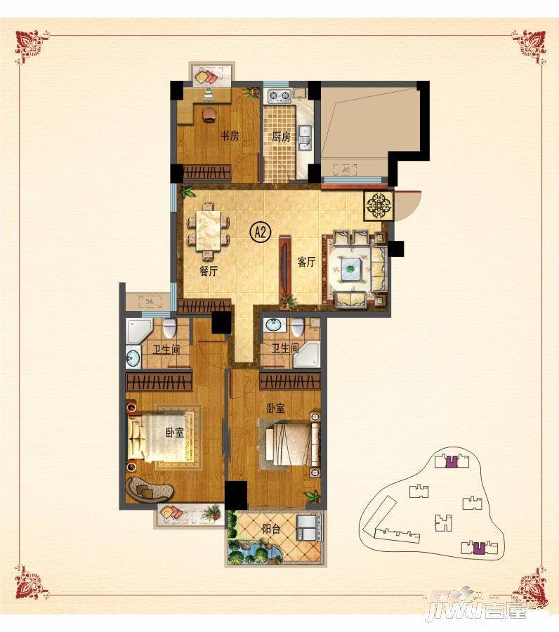 侨城华府3室2厅2卫101.5㎡户型图