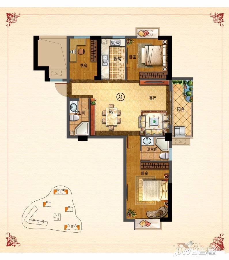 侨城华府3室2厅2卫93.1㎡户型图