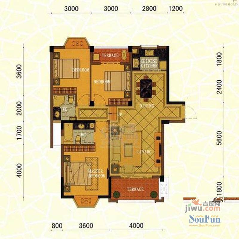 东方名城3室2厅2卫107.7㎡户型图