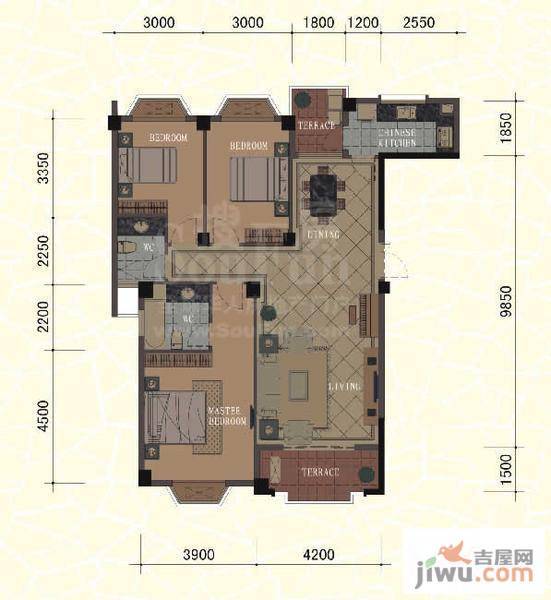 东方名城3室2厅2卫134.8㎡户型图