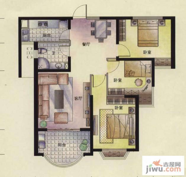 东方名城3室2厅1卫100.5㎡户型图