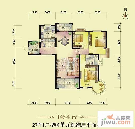 东方名城3室2厅2卫146.4㎡户型图