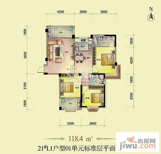 东方名城3室2厅2卫118.4㎡户型图