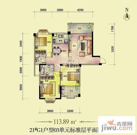 东方名城3室2厅2卫113.9㎡户型图