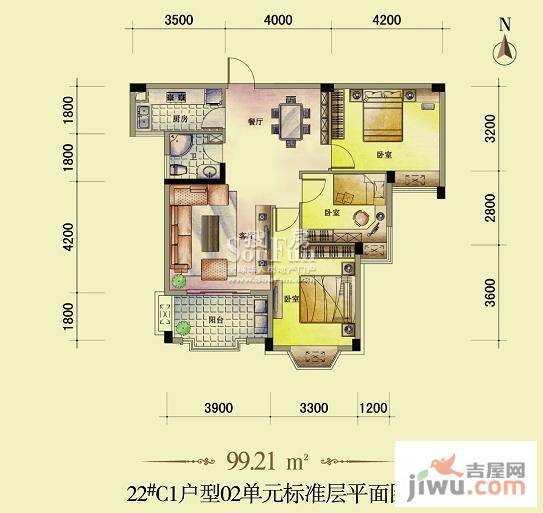 东方名城3室2厅1卫99.2㎡户型图