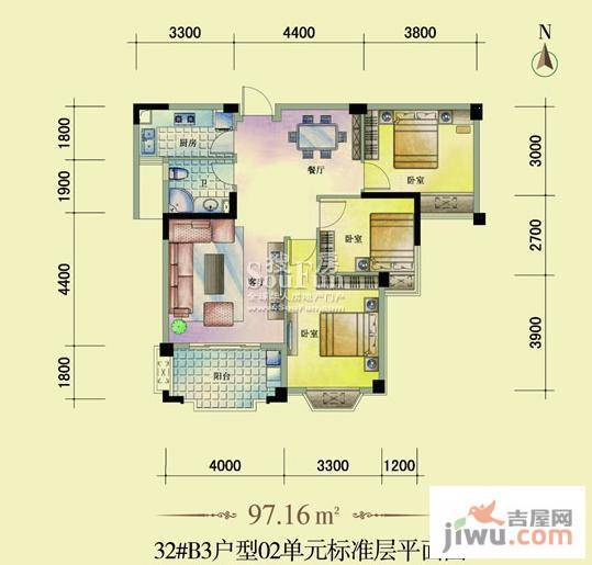 东方名城3室2厅1卫97.2㎡户型图