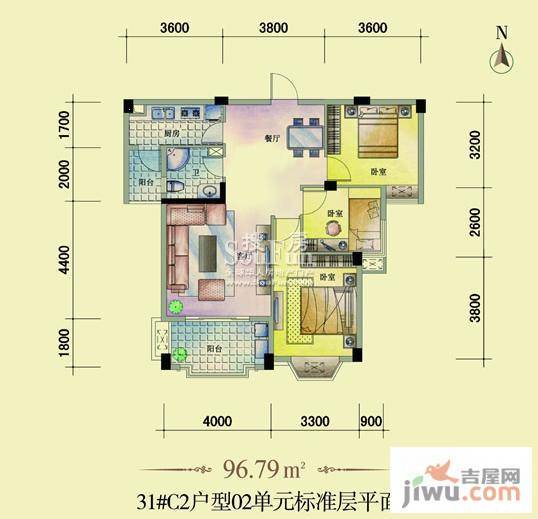 东方名城3室2厅1卫96.8㎡户型图