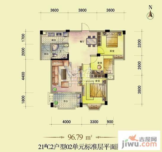 东方名城3室2厅1卫96.8㎡户型图