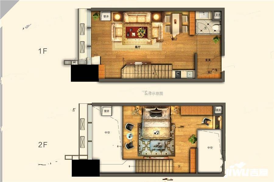 富力中心1室2厅1卫51.4㎡户型图