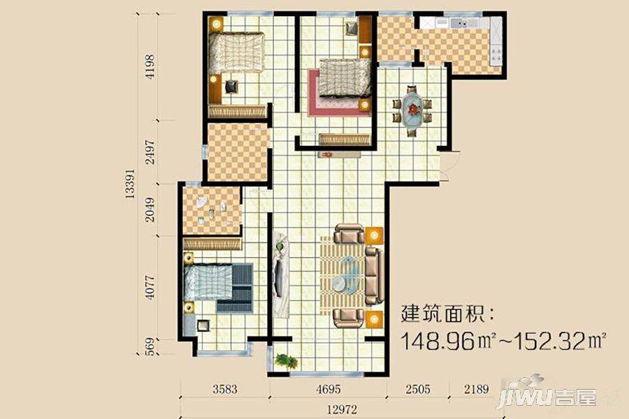 鼎盛花园3室2厅2卫152.3㎡户型图