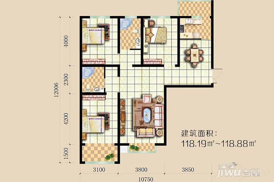 鼎盛花园3室2厅2卫118.9㎡户型图