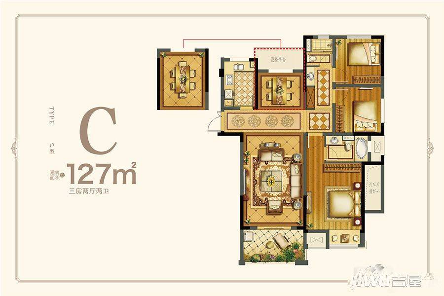 建屋海德景园3室2厅2卫127㎡户型图