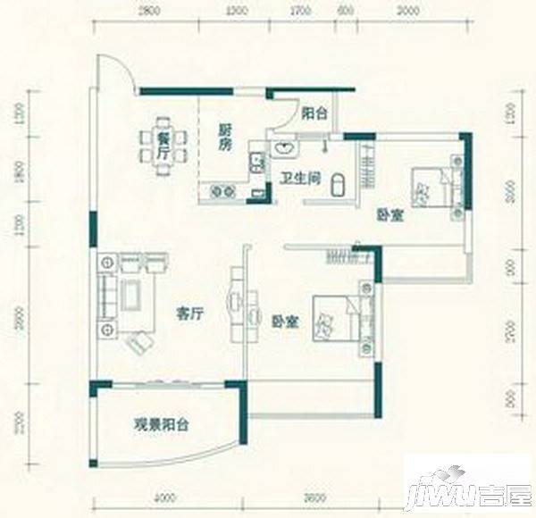 天池山中脊2室2厅1卫77.5㎡户型图