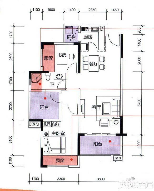 荣和山水绿城2室2厅1卫88.9㎡户型图