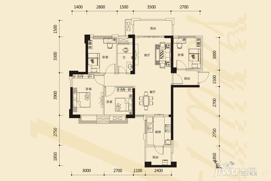 时代茗城|财富天下4室2厅1卫91㎡户型图